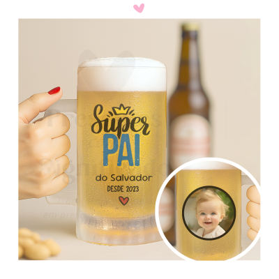 Caneca de cerveja com texto personalizado e foto de bebé
