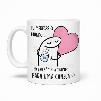 Caneca branca com ilustração de personagem e texto em português