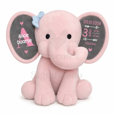 Elefante de peluche rosa personalizado com informações de nascimento