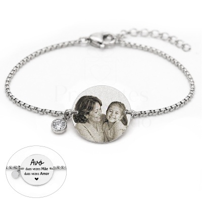 Pulseira aço inoxidável com pendente redondo gravado e texto no verso