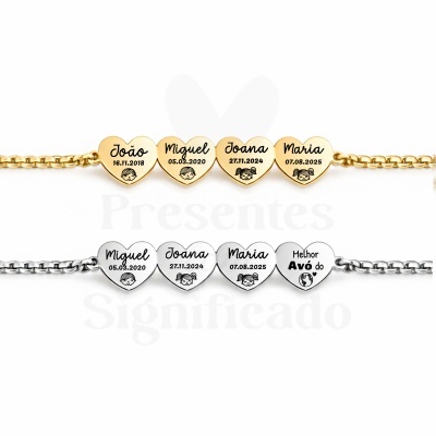 Pulseiras coração em metal dourado e prata com nomes, datas e desenhos gravados