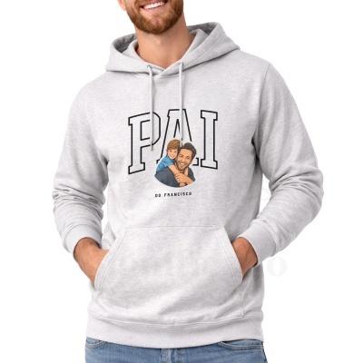 Sweatshirt cinza claro com estampa Pai do Francisco e imagem de homem e criança abraçados