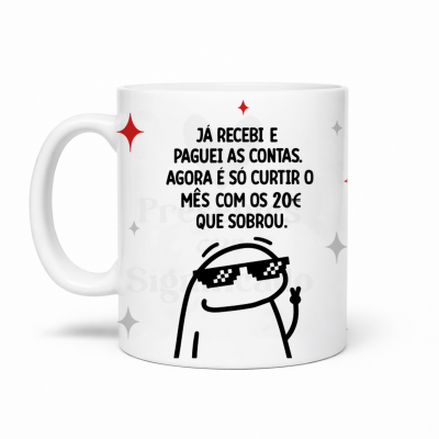 Caneca branca com texto humorístico e personagem a usar óculos de sol