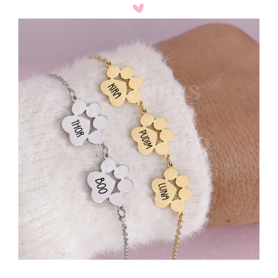 Pulseiras de corrente com pendente em forma de pata com nomes gravados