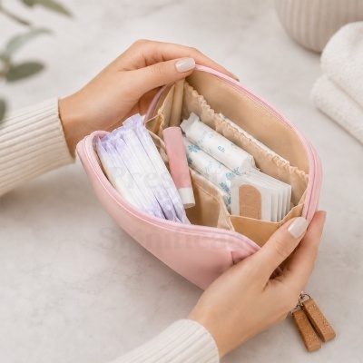 Necessaire rosa com pensos higiénicos, tubos cor-de-rosa e pensos rápidos