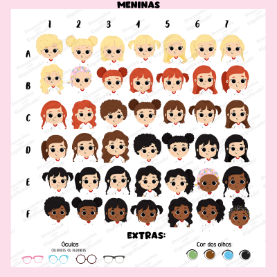Ilustrações de rostos femininos variados com opções de óculos e cores de olhos