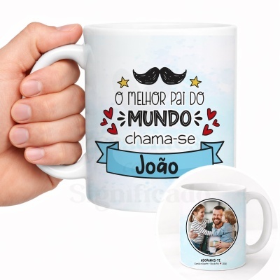 Caneca personalizada branca com texto e imagem para Dia do Pai.