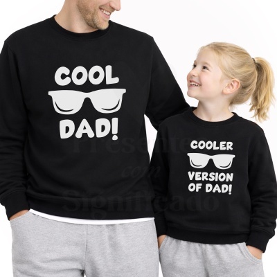 Roupas para pai e filha com textos divertidos sobre pai, em sweatshirts pretas e calças cinzentas
