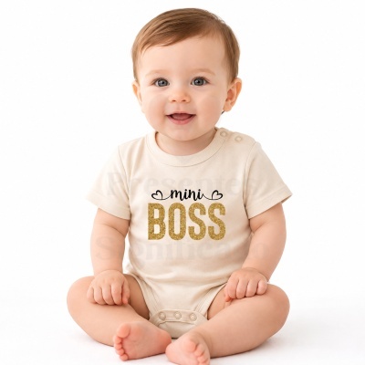 Bebé com body bege escrito mini BOSS sentado