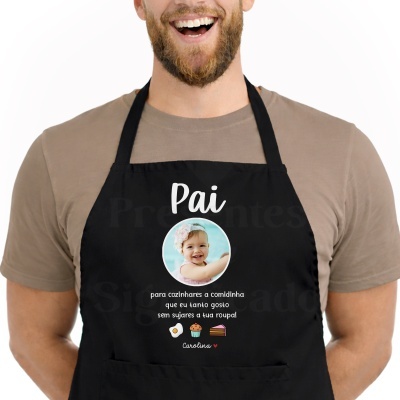 Avental preto personalizado para pai com foto de criança e texto branco