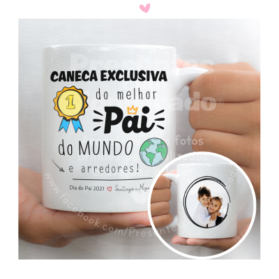 Caneca branca com texto e ilustrações coloridas para o Dia do Pai
