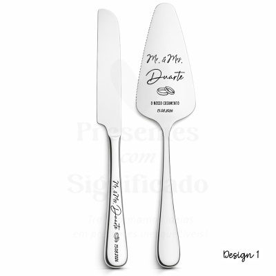 Conjunto faca e espátula metal com gravação personalizada para casamento Duarte