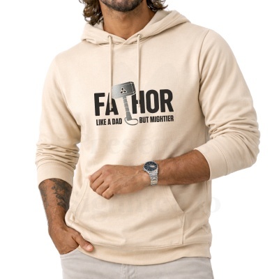 Sweatshirt bege com texto e ilustração de martelo na frente