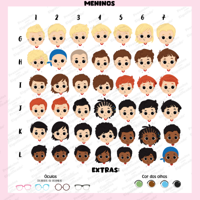 Ilustrações de cabeças de meninos com diferentes estilos de cabelo, tons de pele, números e letras, com extras de óculos e cores dos olhos.