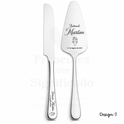 Conjunto de faca e espátula de aço inoxidável com personalização para batizado