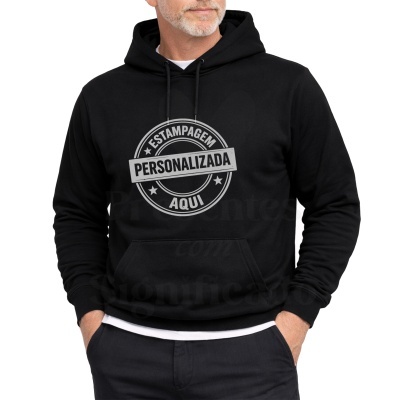 Sweatshirt preta com capuz e estampa personalizada cinzenta