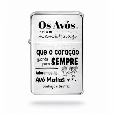 Isqueiro metálico prateado com gravação preta para avós