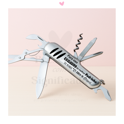 Canivete prateado multiusos com gravura personalizada para padrinho