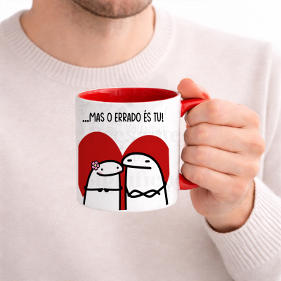 Caneca branca e vermelha com ilustração e texto