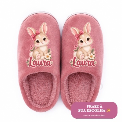 Chinelos rosa com desenho coelha e nome Laura