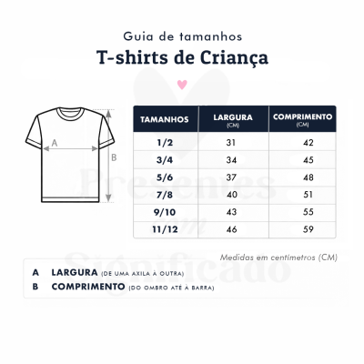 Guia de tamanhos para T-shirts de Criança com tabela e ilustração das medidas