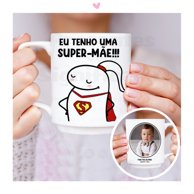 Caneca branca com mensagem e imagem de super-mãe e fotografia de bebé para o Dia da Mãe