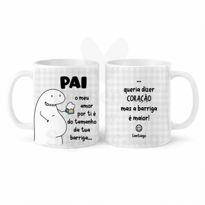 Duas chávenas de cerâmica branca com texto humorístico para pai em português.