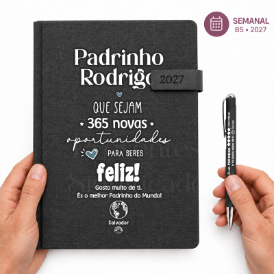 Agenda preta personalizada para padrinho com caneta e texto 2027