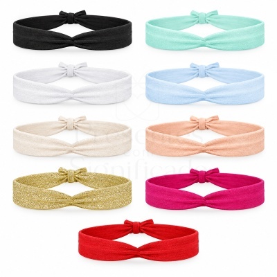 Oito fitas elásticas para cabelo em várias cores diferentes com nó frontal em fundo branco.