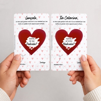 Cartas com pedido para padrinho e madrinha com design de corações e texto em português.