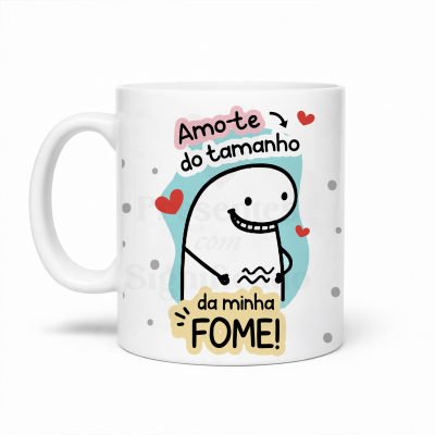 Caneca branca com uma ilustração e texto em português.