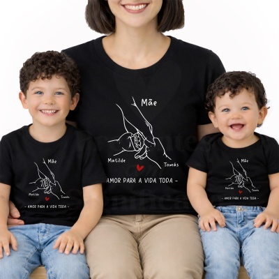 T-shirts pretas com design de mãos ligadas e texto em português sobre amor familiar.