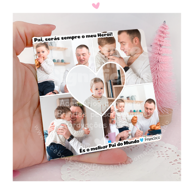 Colagem em papel branco com fotos de pai e filho, texto amoroso e árvore rosa ao fundo