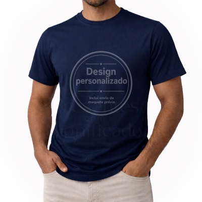 T-shirt azul escuro com texto Design personalizado cinzento