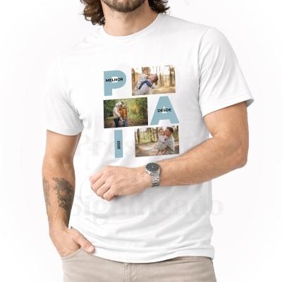 T-shirt branca com design texto MELHOR PAI DESDE 2021 e fotos de pai com filhos