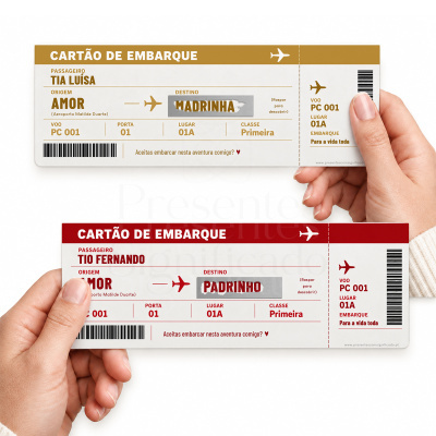 Dois cartões de embarque personalizados em castanho e vermelho com texto em português