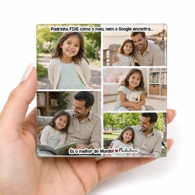 Azulejo quadrado com mosaico de fotos de menina e homem, com textos personalizados em português.