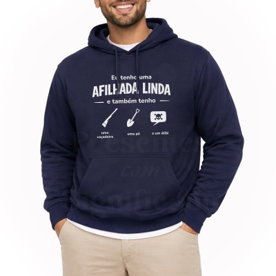 Sweatshirt azul escura com texto branco e ícones