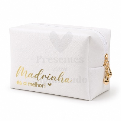 Necessaire branca com texto dourado para madrinha