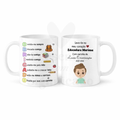 Caneca branca personalizada com texto de agradecimento e ilustrações educativas