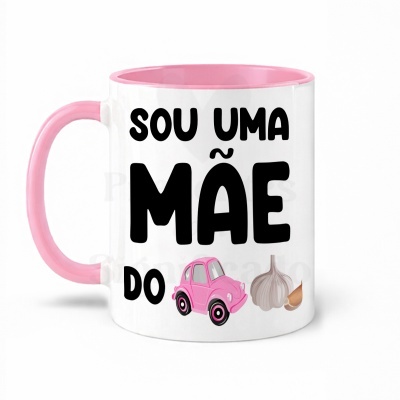 Caneca branca com interior e pega rosa com texto e imagens