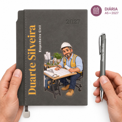 Agenda diária A5 cinzenta personalizada com nome e profissão, acompanhada de caneta cinzenta personalizada.