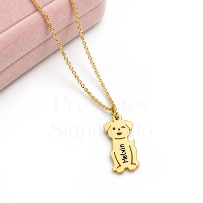 Colar dourado com pendente em forma de cão e texto Melvin