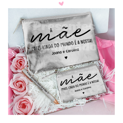 Conjunto de bolsa, carteira e caneta prateada com texto para mãe em caixa decorativa rosa