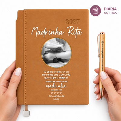 Caderno diário castanho A5 2027 personalizado para madrinha com caneta dourada
