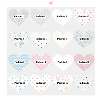 16 corações com padrões variados e números de identificação em português