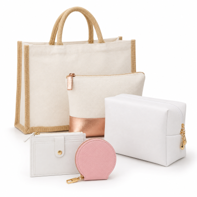 Conjunto de cinco bolsas e carteiras em cores neutras e rosa com detalhes dourados e cobre
