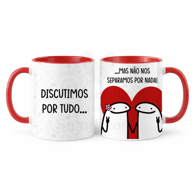 Conjunto de canecas brancas com interior e pega vermelhos, texto e ilustração de bonecos e corações.