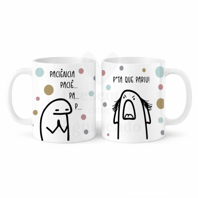Duas canecas brancas com padrão de bolinhas e ilustrações humorísticas com texto em português.