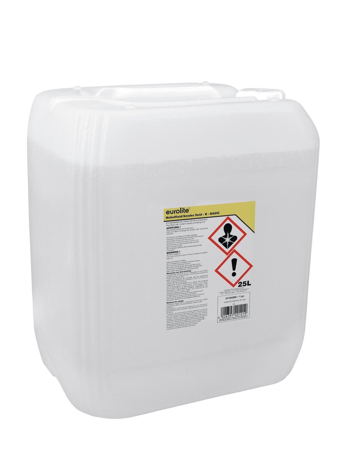 EUROLITE Smoke Fluid -B- Basic, 25l Recipiente plástico branco de 25 litros com etiqueta e símbolos de perigo químicos